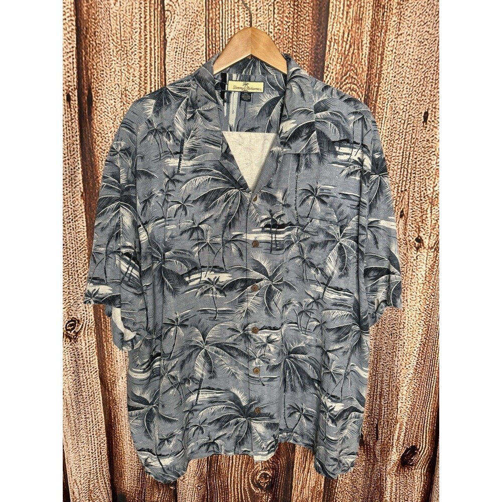 Tomma Bahama Mens Blue Short Sleeve Button Up Palm Tree Graphic Size 2XL Silk